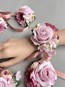 1pc/6pcs Rose Casual Polyester Lapel Pin & Wrist Flower For Groom Men, Party Wedding Decoration, Pink Artificial Flowers Valentine's Day Accessories - 6 Pcs Wrist Flowers - View 6