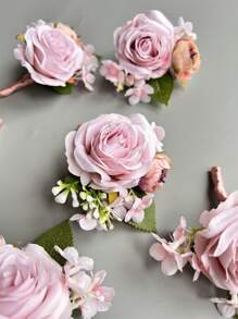 1pc/6pcs Rose Casual Polyester Lapel Pin & Wrist Flower For Groom Men, Party Wedding Decoration, Pink Artificial Flowers Valentine's Day Accessories - 6 Pcs Wrist Flowers - View 8
