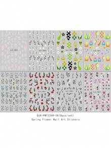 8pcs Spring Easter Flower And Grass Nail Stickers, Summer Cute Flower And Grass Butterfly Rabbit Rabbit Nail Art Stickers Decals, Cartoon Rainbow Print 3D Self-Adhesive Nail Design, Suitable For Acrylic Nails, Meniscus Supplies For Women And Girls