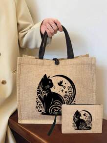 Khaki Linen Tote Bag,Including A Black Cartoon Cat Pattern Tote Bag And A Small Bag/Coin Purse,Mother's Day Gift, Personalized Gift Package, Yellow Linen Black Tote Bag With,Combination Of Small And Large Bags,Suitable For Weddings,Birthdays,Beaches, Holidays, Making It For Women,Mothers,Teachers, Friends, Bridesmaids,Big Bags,Students,Returning To School,The Perfect Gift For Animal Lovers