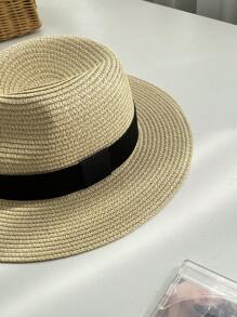 1pc Women Beige Western Cowgirl Style UPF50+ Sun Protection Panama Straw Hat With Black Decor, Vintage Style, Lightweight, Breathable, Suitable For Beach, Travel, Wedding Season, Music Festival, Valentine's Day Gift