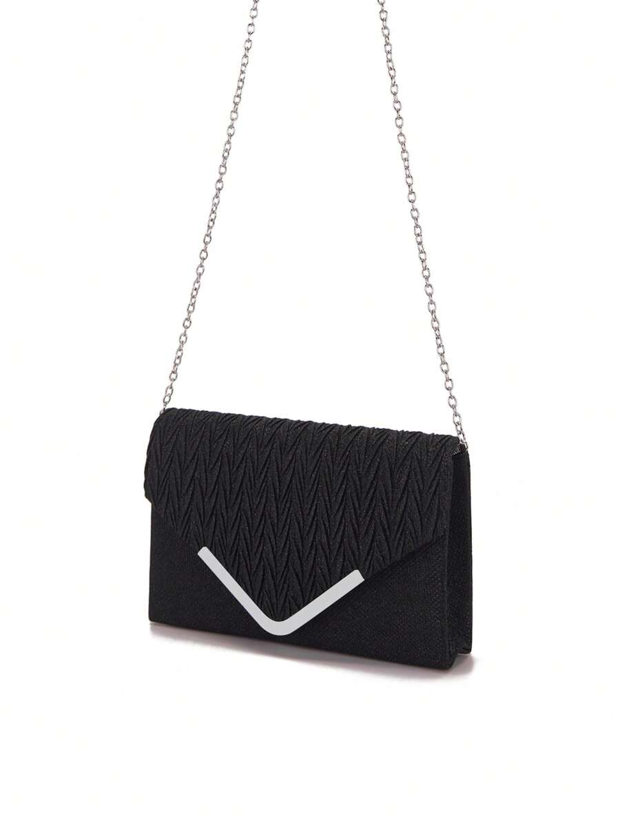 V-Shaped Metal Envelope Bag With Detachable Shoulder Strap, Can Be Handheld - Black - View 1