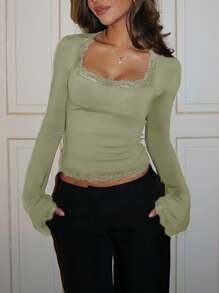 Y2k Flare Long Sleeve Crop Tops For Women Lace Trim Square Neck Low Cut Stretchy Blouses Sexy Slim Fit T Shirt Going Out Tops Party Clubwear Streetwear Spring Summer Fall Aesthetic Clothes - 綠色 - 查看 3