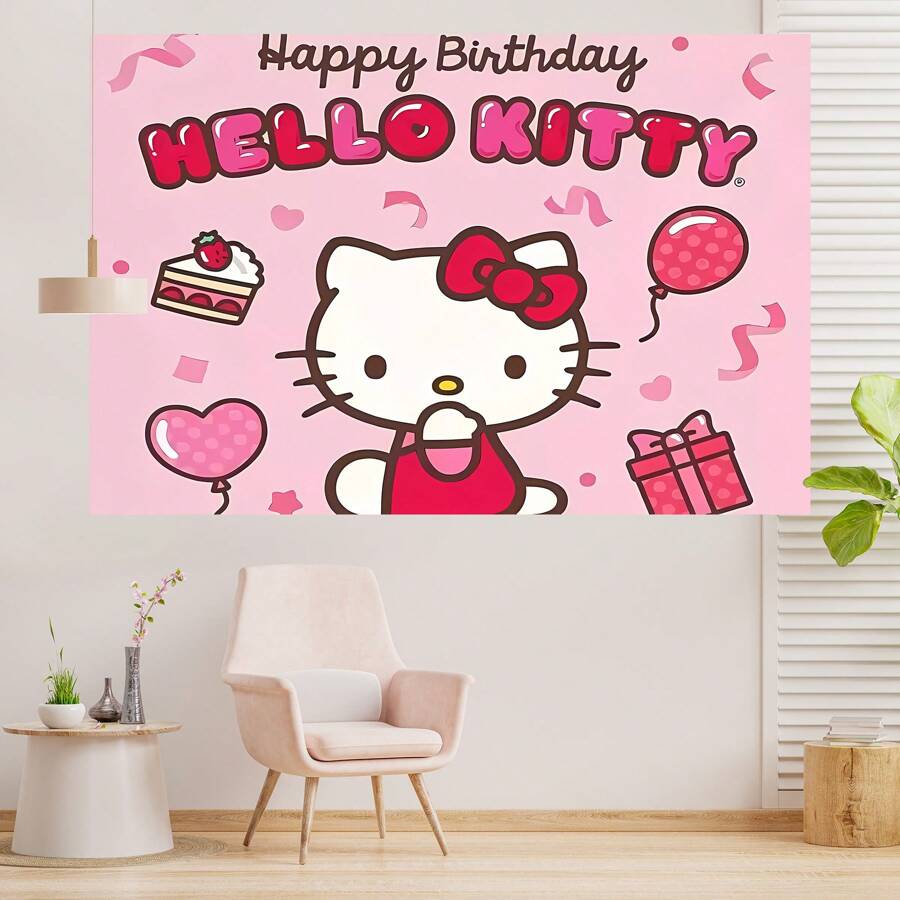Sanrio 授权 1 件蛋糕爱心礼盒 KT 猫生日派对装饰背景横幅卡通主题送礼会完美装饰品卧室挂毯照片背景展台道具 82.7*59.1*39.4/39.4*29.5 英寸