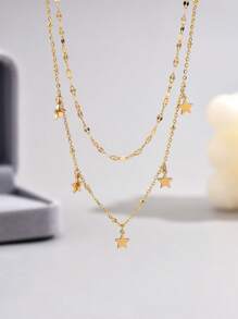 LIEBEIRIS 1pc 18K Gold Plated Minimalist Double Layer Geometric Star Pendant Stainless Steel Bracelet, Suitable For Women's Daily Wear And Gift