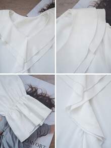 Women's V-Neck Ruffle Trim Long Sleeve Blouse, French Style Delicate Elegant Flared Sleeve Design Tops For Spring & Summer - White - View 8
