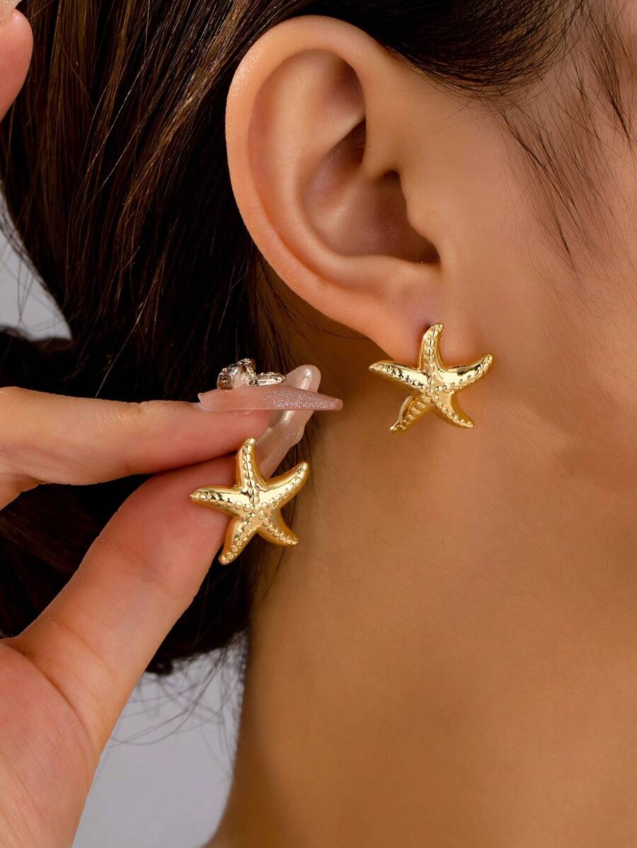 1 对时尚、优雅、精致的海星设计耳环 - 金黃色 - 查看 1