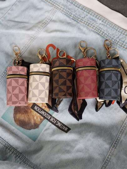 حقيبة صغيرة قديمة النمط، كيس كلاسيكي بسحاب مزين بوشاح ، حقيبة متعددة الوظائف لحفظ أحمر الشفاه والمفاتيح ، حقيبة صغيرة قديمة النمط كيس صغير كلاسيكي وإكسسوارات حقيبة باللون الوردي الساخن سلسلة مفاتيح محفظة صغيرة محفظة نقود