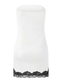 Womens Tube Top Dress Strapless Sleeveless Lace Patchwork Side Split Bodycon Mini Dress - White - View 5