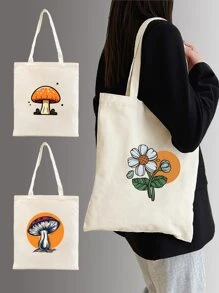 新款米色时尚植物图案印花手提包，容量大，款式方便，适合学校、校园、图书馆、购物、旅行、户外、休闲 - 米色 - 查看 1