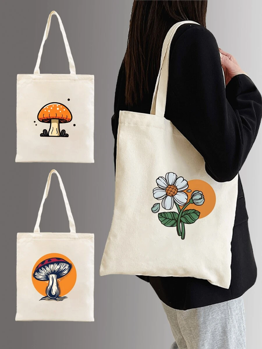 新款米色时尚植物图案印花手提包，容量大，款式方便，适合学校、校园、图书馆、购物、旅行、户外、休闲 - 米色 - 查看 1