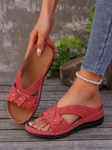 Women's Fashion Summer New Angola Red Platform Wedge Sandals, Red Criss-Cross Hollow Slippers With Metal Decor, Laser Cutting Hollow Crafted Breathable Comfortable Casual Beach Shoes For Summer Holiday