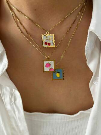 1pc New Stainless Steel Square Pendant Necklace For Women, Handmade Enamel Drip Fruit Pattern, Cute & Sweet Style, Fashionable Minimalist Everyday Wear