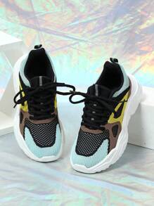 Zapatos cómodos y flexibles para correr y deportes de ocio, con diseño de parchwork en negro y amarillo, transpirables y ligeros, adecuados para parejas