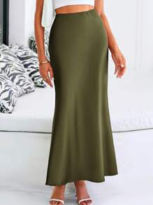 Women Spring Satin Silk Skirt High Waist Flared A-Line Long Maxi Skirt Solid Color Summer Elegant Cocktail Party Evening Wedding Club Valentine Long Skirt - 淺軍綠色 - 查看 3