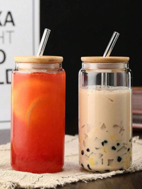 1 pieza Vaso de vidrio cilíndrico transparente simple de gran capacidad de 400ml/550ml con tapa, taza para beber limonada, leche, té, refresco para hotel, restaurante, oficina, hogar, uso diario, útiles escolares