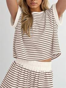 2 Piece Lounge Set For Women Striped Knit Short Sleeve Tee Shirts Shorts Sets Casual Summer Loungewear Matching Sets - màu nâu - Xem 2