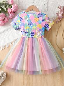 Vestido con estampado de elementos de Pascua y superposición de malla, de manga corta, para niña