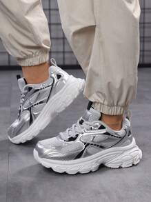 1 Pair Lightweight Youth Casual Sneakers, Breathable Mesh Upper, Fashion Color Matching, Daily Wear Lace-Up Low Top, Shock Absorbing Cap Toe, Sports Shoe For Campus Students