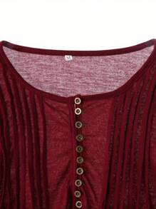 Women's Buttons V Neck Blouse, Sexy Lady 3/4 Sleeve Ruched Slim Waist Shirts Tops - 酒紅色 - 查看 3