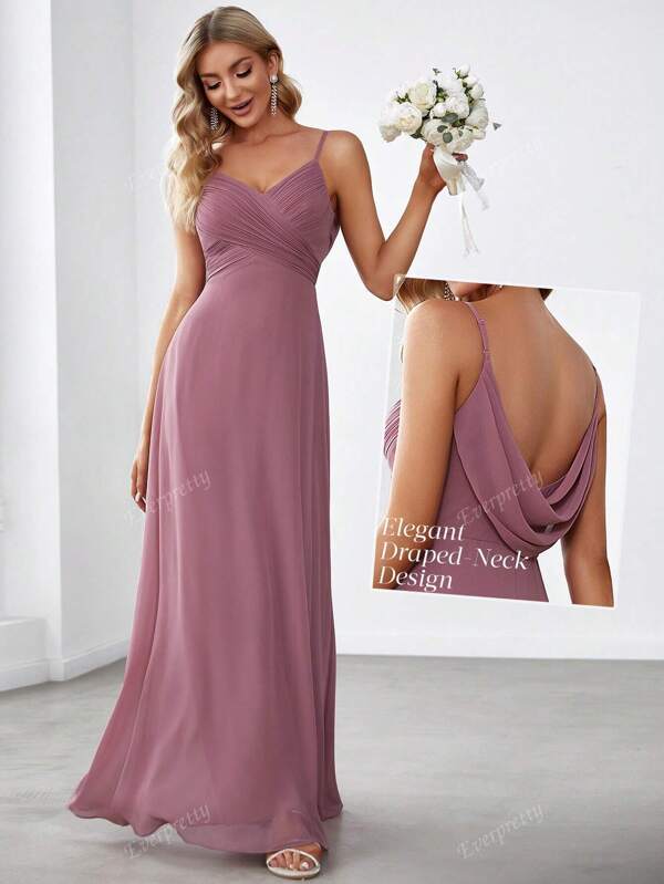 EVER-PRETTY Vestido de dama de honor sólido de gasa con tirantes finos de color rosa empolvado, vestido elegante para invitados de boda