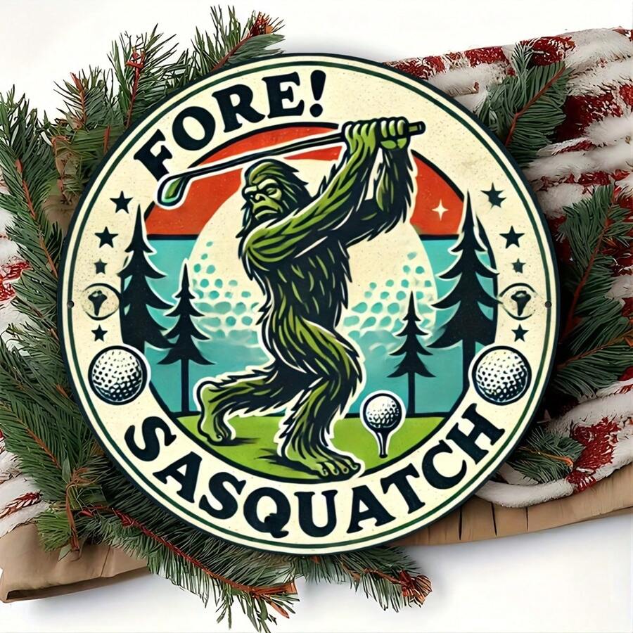 1 件装 Sasquatch 高尔夫铝制墙饰，7.8 英寸圆形金属标牌，适用于门廊、房间、窗户、车库、农舍、咖啡厅 - 独特的个性化节日礼物 - 彩色 - 查看 1