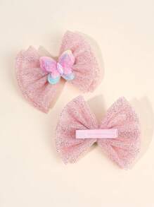 2pcs Yarn Double Layer Girls Hair Bow Clips,Fabric Butterfly Decor Hair Bows Clips For Kids,Fashion Alligator Clips Hair Accessories For Girls