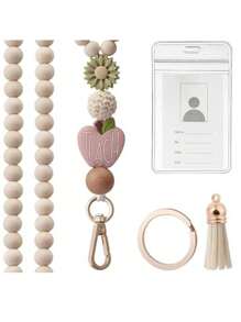 1pc Neck Keychain Strap Boho Tassel Wooden Beaded Lanyard For Keys Keychain ID Card Holder Fashion Necklace Lanyards For Women Gift,School Supplies,Back To School