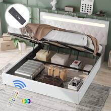 Flat Bed 180*200cm, Upholstered, Hydraulic Bed With Lifting Mechanism, Color Changing Ambient Light, Remote Control, Port, White