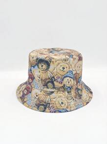 1pc Spring & Summer Unisex Cartoon Bear Print Bucket Hat, New Fashion Versatile Sun Protection Round Hat, Suitable For Daily Use