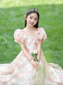 女童碎花裙公主裙海边超美儿童裙子时尚长裙沙滩裙，裙子非常高贵典雅，穿上它回头率超高 - 粉色 - 查看 9
