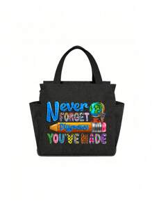Teacher Print Insulation Lunch Bag, Fashion Travel Picnic Bag, Portable Thickened Aluminum Foil Handbag,Letter Printed Pattern Insulated Bag, Insulated Lunch Bag, School Cooler, Handbag, Lunch Box, Ice Bag, Picnic Food Handbag, Canvas Lightweight Portable Lunch Storage Bag, School Office Picnic Lunch Handbag, Carry To School And Work, Birthday Gift, Commemorative Gift - Black - View 2