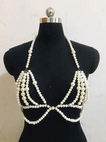 1pc Vintage Sexy Bohemian Pearl Bead Chain Fringed Necklace Backless Bikini Chain Top, Fashion Accessory Suitable For Women