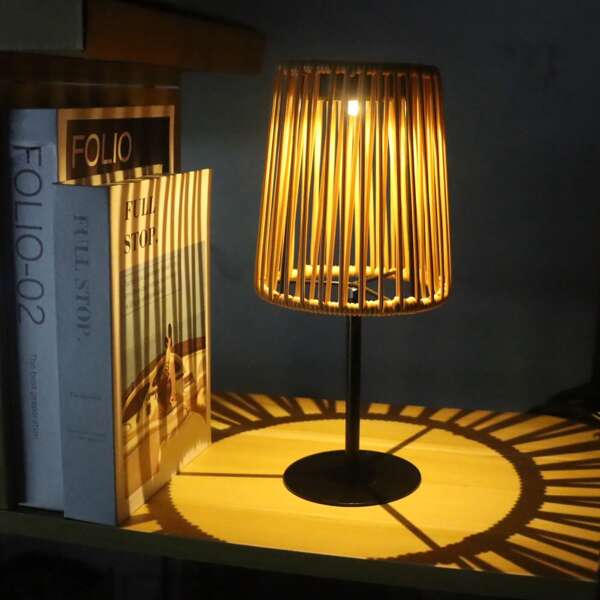 1pc Handwoven Solar Powered Rattan Lamp - Handmade Outdoor Tabletop Lamp With Base, Suitable For Patio, Garden, Bedroom, Living Room (Modern Rattan Decorative Ambience Light), Great For Home & Outdoor Celebrations
