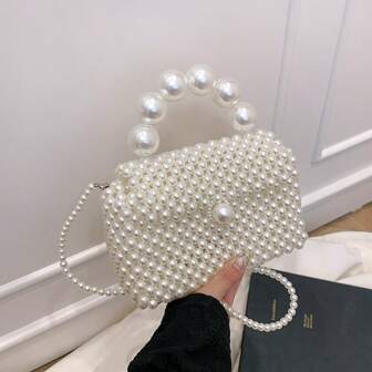 1st handpärlstav i enfärgad Flip Top Handväska Faux Pearl Decor, Stor kapacitet Stöldskydd Kvinnor Business Casual Faux Pearl Shoulder Crossbody fyrkantig väska, Lämplig för daglig outfit, Business, Casual, Dating, Elegant kvinnor telefonväska