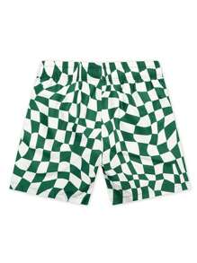 Men's Checkered Print Drawstring Waist Casual Beach Shorts - Green - View 3