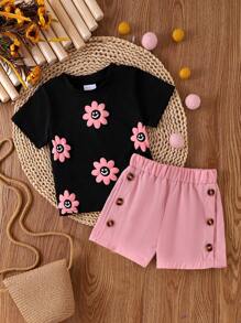 2pcs/Set Young Girl Casual Comfy Cute Floral Print Top And Button Decor Shorts Set, Summer
