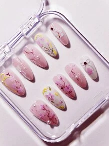 10pcs/Set Reusable Full Cover Almond Shaped Press-On Nails With Cartoon Floral, Branch And Bow Print, Fingertip Sensory Experience