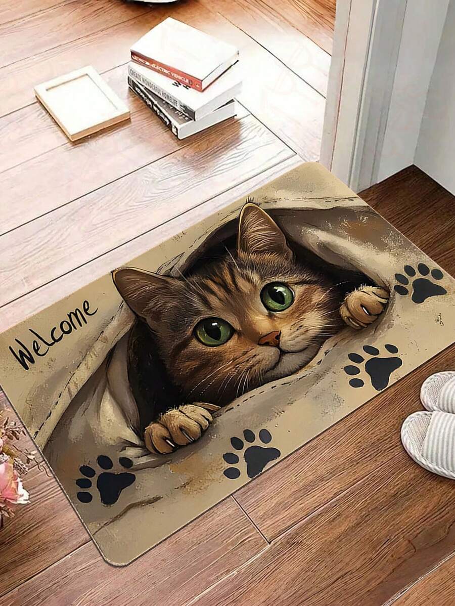 1 Pc Vivid Rectangular Lovely Welcome Cat Pattern Long-Fiber Polyester Door Mat; Machine Washable Carpet;Durable Rug For High Traffic Area; Non-Slip, Stain Resistant & Easy To Care Entryway Area Rug For Living Room, Bedroom,Dining Room, Bathroom, Kitchen, Balcony And More; Crystal Velvet Room Decor Stuff; Ideal Home Decor Stuff Choice