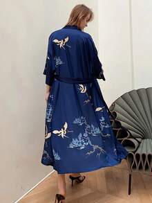 Neo-Traditional Chinese Style Crane Print Mid-Length Loose Kimono Cover Up, Lightweight Summer Tie-Waist Robe, Outerwear - Blue - View 4