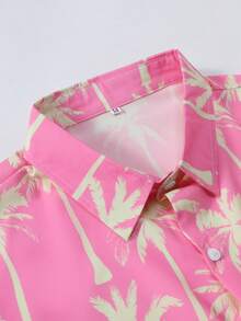 Men's Casual Coconut Tree Print Short Sleeve Shirt, Summer Holiday Hawaiian Style - Pink - View 3