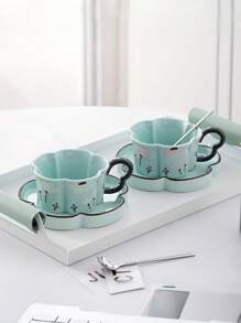 1 套绿色花卉陶瓷杯和碟子，适用于家庭、办公室水杯、咖啡杯、早餐杯 - 精美的节日礼物，非常适合情人节、母亲节、感恩节、纪念品