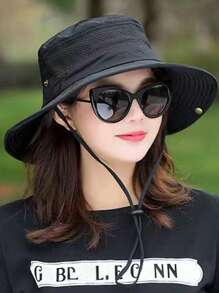 透气网眼拼接宽边运动帽，休闲户外徒步带可调节风绳（随机黑色纽扣款式，手工缝制隐藏纽扣位置误差2cm属正常现象）