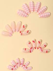 24 pièces Ongles à pression en forme d'amande, style fille, ton rose, 1 poussoir à ongles + 1 gel à ongles