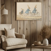 1 Piece, Unframed, Wall Arts Posters Art Canvas Poster, Canvas Art - Charming Vintage Whimsical Animal Friends Riding Bicycles Wall Decor For Living Room And Bedroom, Easter, Holiday Poster, Bunny Mural Poster