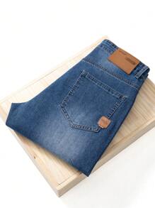Casual Simple Washed Denim Jeans For Men, Slim Straight Leg Lightweight Business Pants, All-Season - Blue - View 9