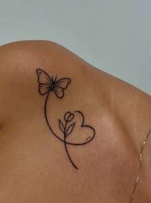1pc Black Line Tulip & Butterfly Temporary Tattoo Sticker, Waterproof Sweat-Resistant Washable Faux Tattoo, Suitable For Fashion People - Black - View 3