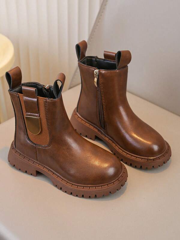 1 par de botas cortas casuales con diseño de empalme de PU, suela plana, antideslizante y resistente al desgaste, adecuado para primavera y otoño, para niños.