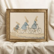 1 Piece, Unframed, Wall Arts Posters Art Canvas Poster, Canvas Art - Charming Vintage Whimsical Animal Friends Riding Bicycles Wall Decor For Living Room And Bedroom, Easter, Holiday Poster, Bunny Mural Poster