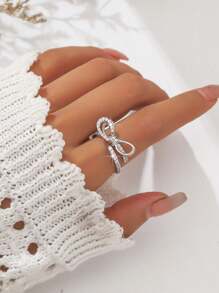 1pc Stylish & Elegant Simple Copper Inlaid Crystal Bowknot Open Ring - Silver - View 1